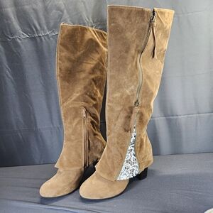 Elegant Tan Over the Knee Boots With Lace Detail